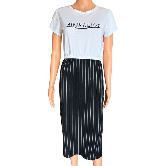 Splash Minimalist Black White Striped T-Shirt Midi Dress 6 - Picture 2 of 6